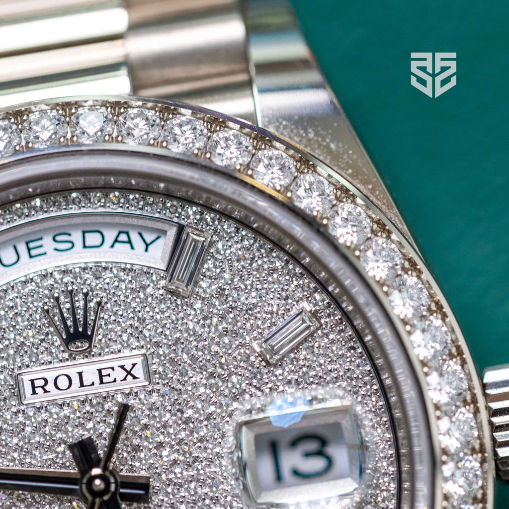 Rolex Day-Date 40 white gold pave 228349RBR 2024 dial detail — The Smiling Second, Melbourne