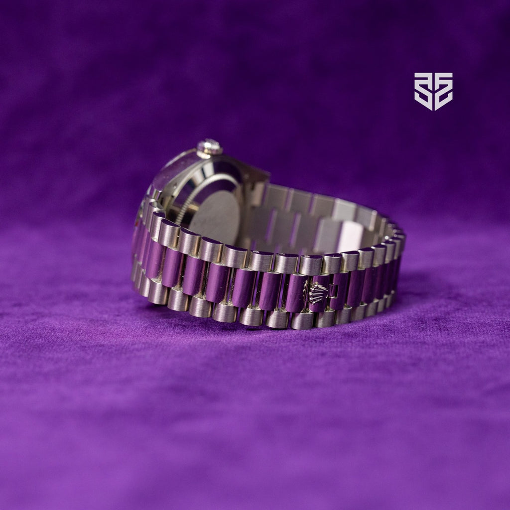 Rolex Day-Date 40 white gold pave 228349RBR 2024 bracelet clasp — The Smiling Second, Melbourne