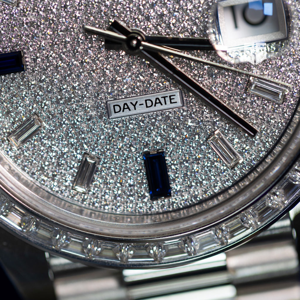 Rolex Day-Date 40 platinum pave 228396TBR 2022 dial detail — The Smiling Second, Melbourne